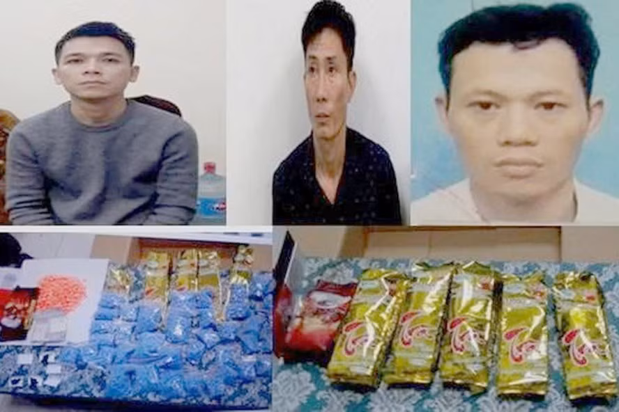 Bị can Nguyễn Xuân Quý (ngoài cùng bên phải) và tang vật vụ án.