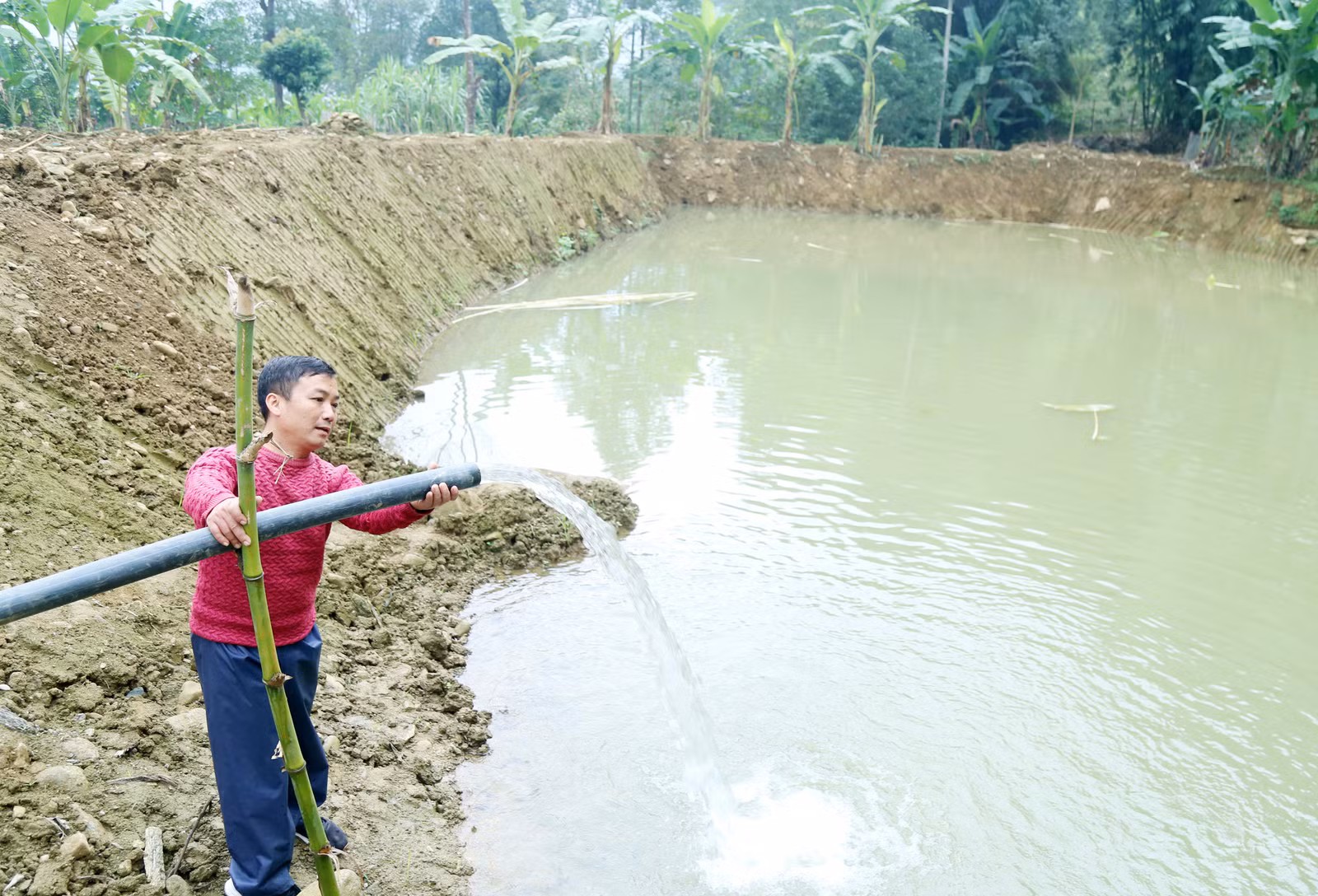 Ông Hoàng Văn Sàng thu lãi khoảng 100 triệu đồng mỗi năm nhờ nuôi cá.