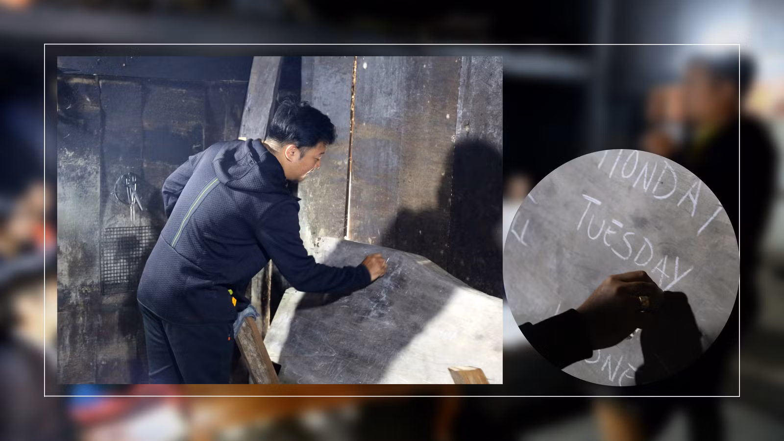 Chiếc bảng của thầy giáo Sashi Imchen là tấm gỗ phẳng được dựng tựa vào bức vách.