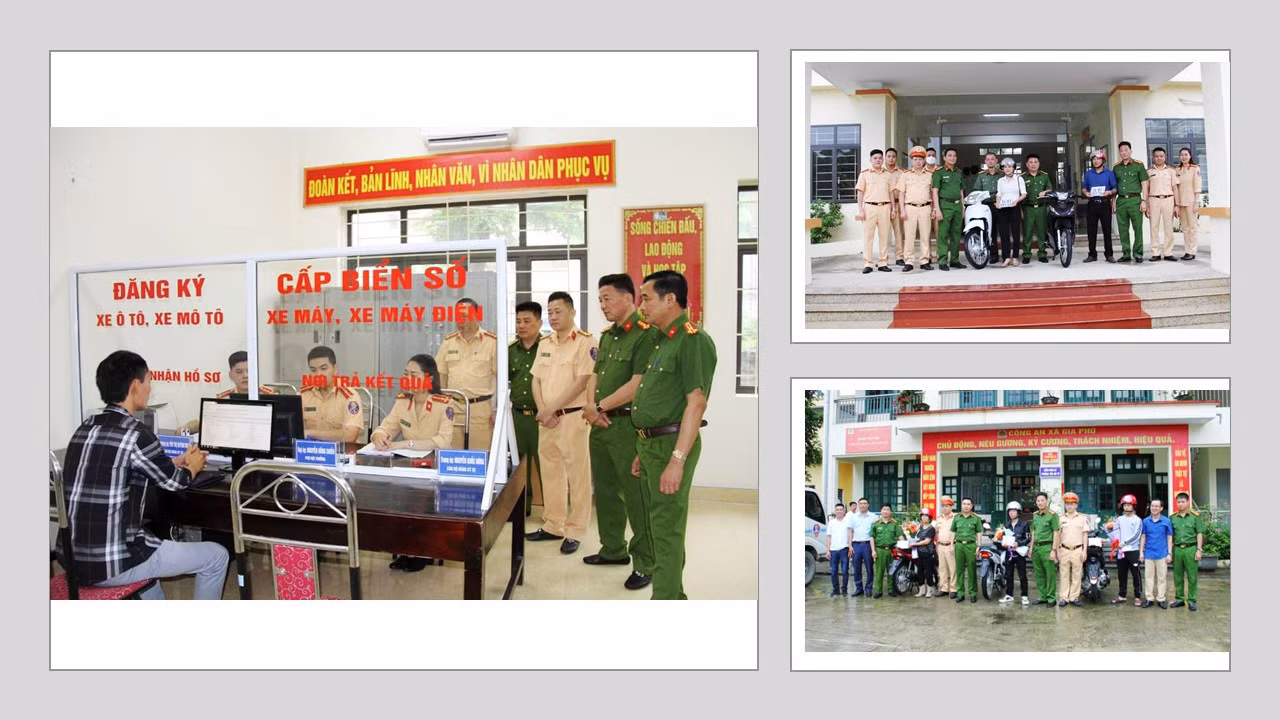 Lãnh đạo Công an tỉnh kiểm tra việc cấp biển số xe tại cơ sở.