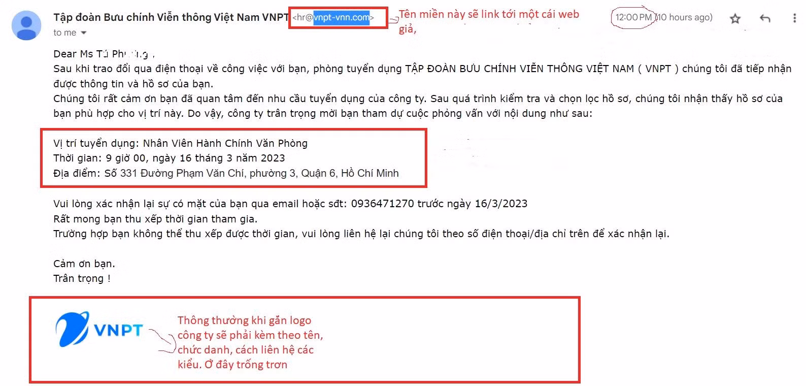 Mail tuyển dụng mạo nhận doanh nghiệp lớn để lừa đảo.