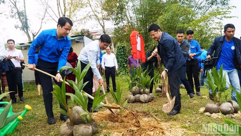 Các đại biểu tham gia trồng dừa xiêm tại lễ ra quân.