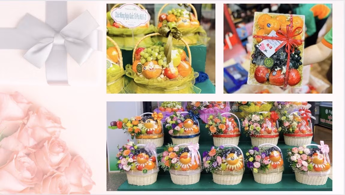 Các loại quả như: lê, dưa lưới, táo, cam, nho... được đóng thành giỏ quà, trang trí kèm hoa và phụ kiện vừa thiết thực, vừa đảm bảo tính thẩm mỹ.