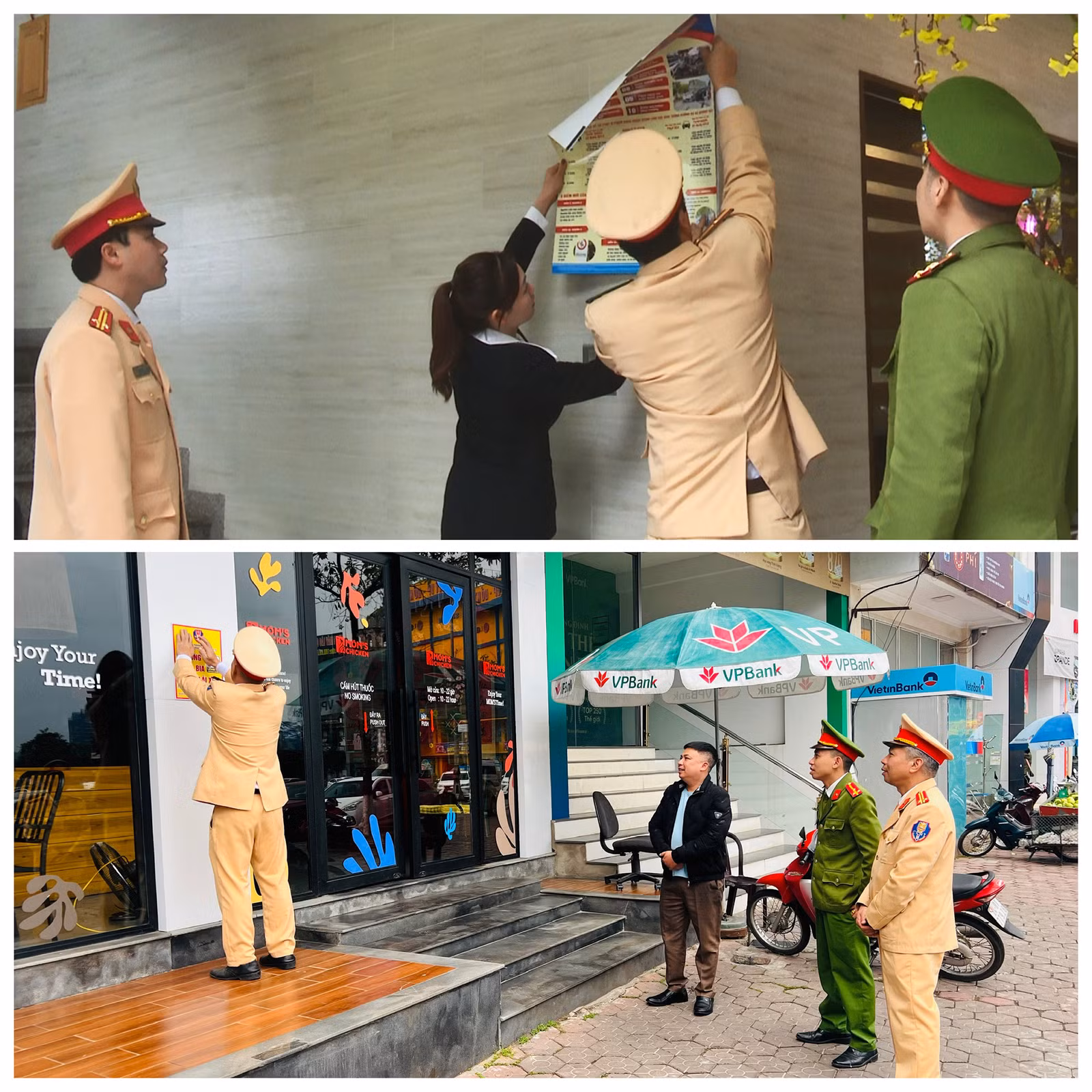 Lực lượng Cảnh sát giao thông - trật tự (Công an thành phố Lào Cai) dán decal tại các nhà hàng, quán ăn.