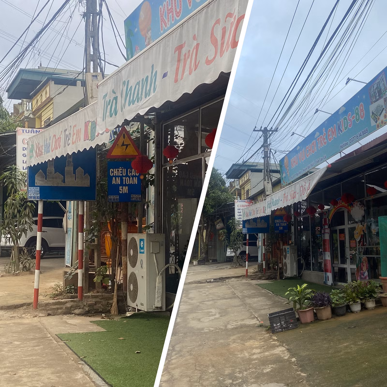 Mái bạt che kín cả biển báo hiệu khu đô thị và báo hiệu an toàn đường điện tại thị trấn Bát Xát.