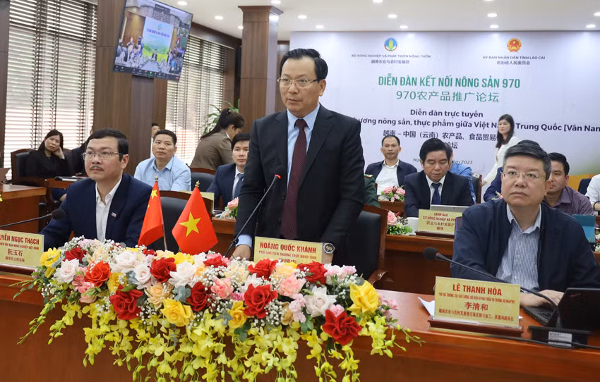 Đồng chí Hoàng Quốc Khánh, Phó Chủ tịch Thường trực UBND tỉnh Lào Cai phát biểu tại diễn đàn. Các đại biểu thảo luận ý kiến tại điểm cầu tỉnh Lào Cai.