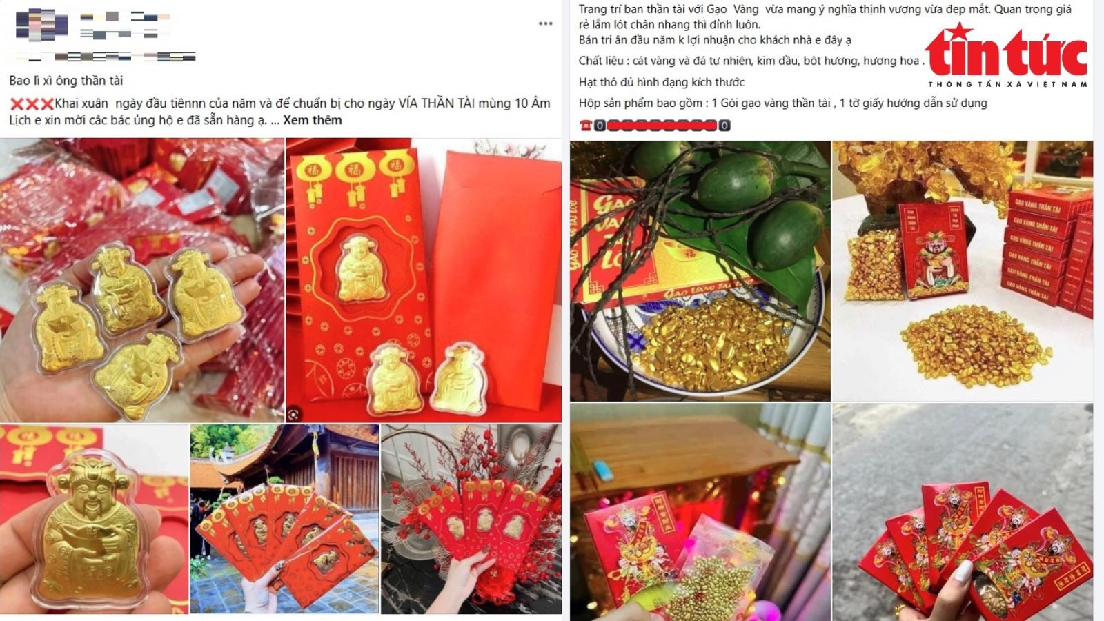 Lì xì ông Thần Tài, hạt gạo vàng... là những sản phẩm mang ý nghĩa may mắn, tài lộc, được chào bán rầm rộ trên các trang mạng xã hội. Lì xì ông Thần Tài, hạt gạo vàng... là những sản phẩm mang ý nghĩa may mắn, tài lộc, được chào bán rầm rộ trên các trang mạng xã hội.