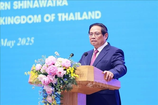Thủ tướng Phạm Minh Chính công bố Việt Nam và Thái Lan nâng cấp quan hệ lên Đối tác chiến lược toàn diện. Ảnh: Dương Giang/TTXVN