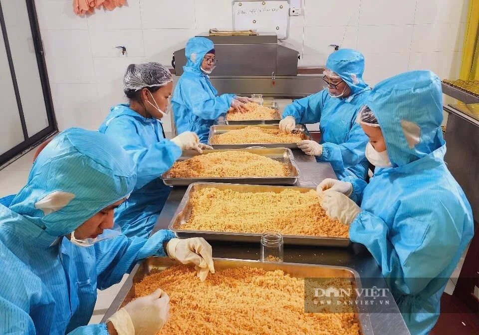 Công nhân làm ruốc cá hồi tại HTX. "Sản phẩm ruốc cá hồi của HTX đang được khách hàng tại các tỉnh, thành rất ưa chuộng, đặt mua nhiều nhất", chị Mai tiết lộ.