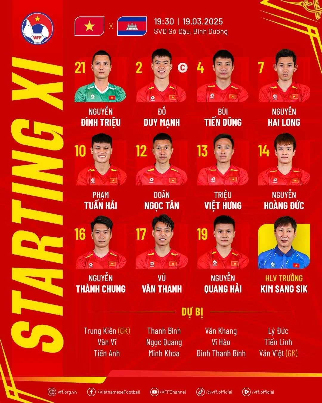 Danh sách cầu thủ của tuyển Việt Nam ở trận đầu tiên sau chức vô địch ASEAN Cup. Ảnh: VFF.