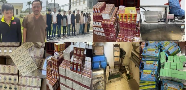 Các đối tượng trong đường dây sản xuất, buôn bán thuốc tân dược giả bị bắt giữ cùng tang vật.