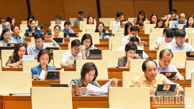 Các đại biểu Quốc hội làm việc tại hội trường. (Ảnh: BÙI GIANG)