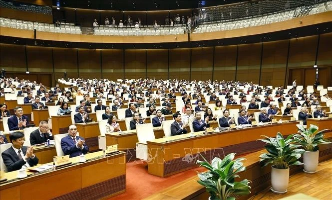 Tổng Bí thư Tô Lâm, Chủ tịch nước Lương Cường, Thủ tướng Phạm Minh Chính và các đồng chí lãnh đạo, nguyên lãnh đạo Đảng, Nhà nước, đại biểu dự Phiên bế mạc. Ảnh: Doãn Tấn/TTXVN