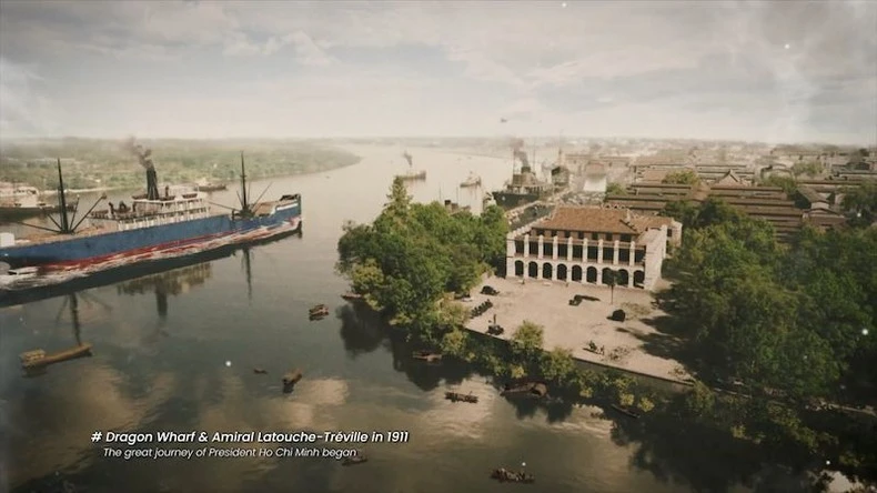 Cảnh phim tái hiện Bến cảng Nhà Rồng và con tàu mà người thanh niên Nguyễn Ái Quốc đã bước lên hành trình bôn ba tìm đường cứu nước.