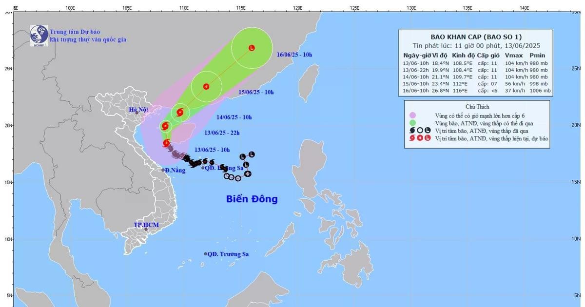 Bản đồ dự báo quỹ đạo và cường độ Bão số 1 lúc 11 giờ ngày 13/6. (Ảnh: Theo Trung tâm Dự báo khí tượng thủy văn quốc gia). capture-269.jpg