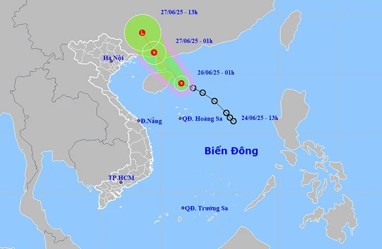 Đường đi và vị trí của áp thấp nhiệt đới ngày 26/6. Ảnh: thoitietvietnam