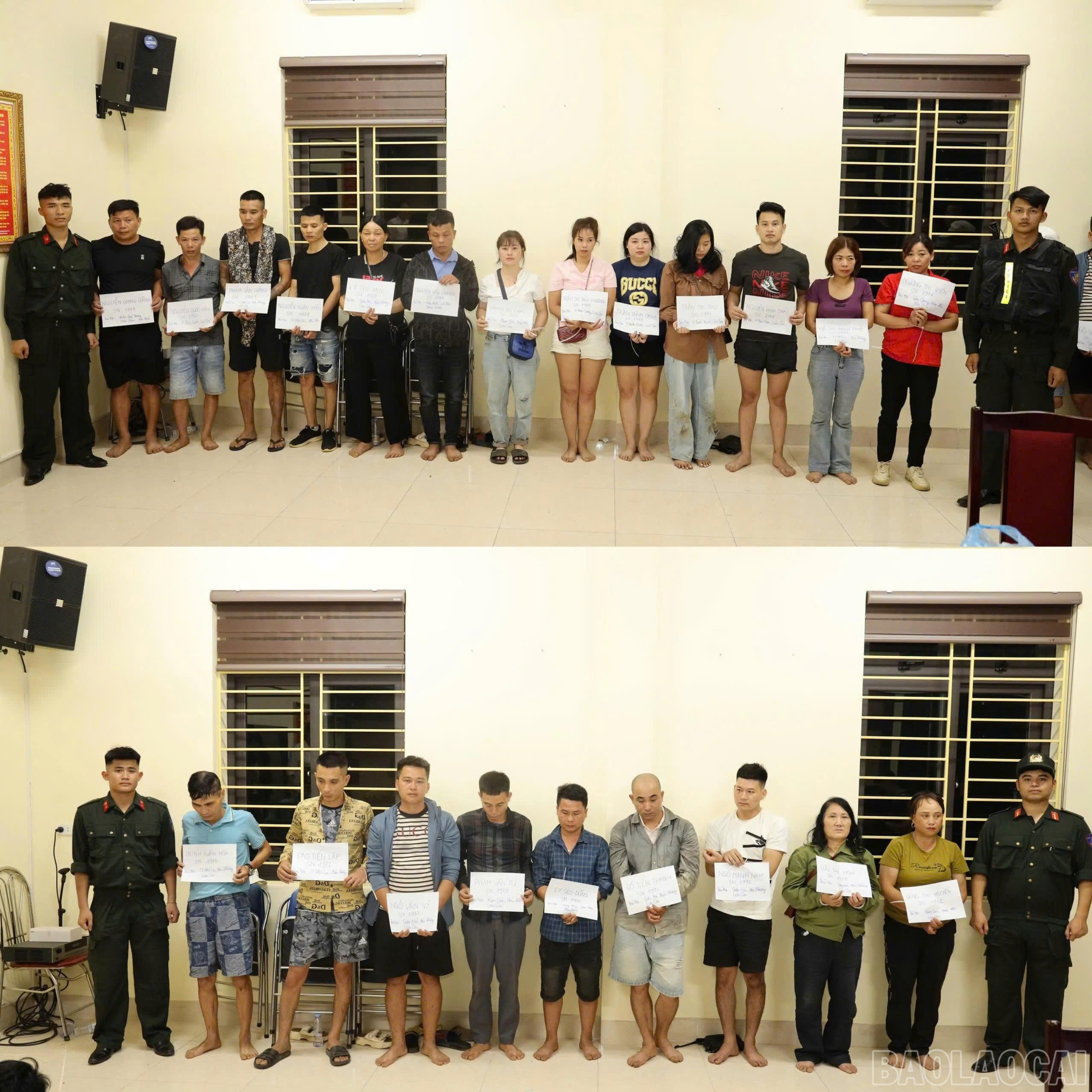 Các đối tượng tham gia đánh bạc và tổ chức đánh bạc bị bắt giữ tại cơ quan công an. baolaocai-br_41.jpg