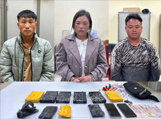 3 đối tượng cùng tang vật. Ảnh: TTXVN phát.