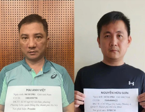 Đối tượng Mai Anh Việt và Nguyễn Hữu Sơn tại cơ quan Công an.