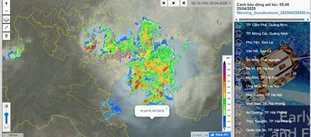 Hàng loạt điểm xuất hiện dông sét ở miền Bắc.