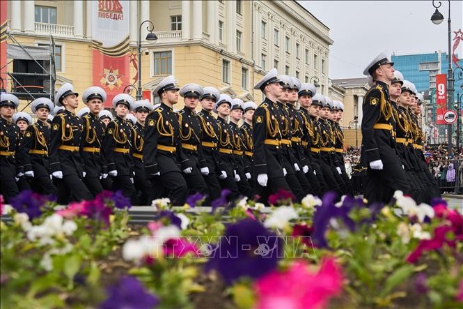 Quân nhân tham gia lễ duyệt binh kỷ niệm 80 năm Ngày Chiến thắng phát xít tại thành phố Vladivostok, vùng Viễn Đông Nga ngày 9/5/2025. Ảnh: THX/TTXVN Quân nhân tham gia lễ duyệt binh kỷ niệm 80 năm Ngày Chiến thắng phát xít tại thành phố Vladivostok, vùng Viễn Đông Nga ngày 9/5/2025. Ảnh: THX/TTXVN