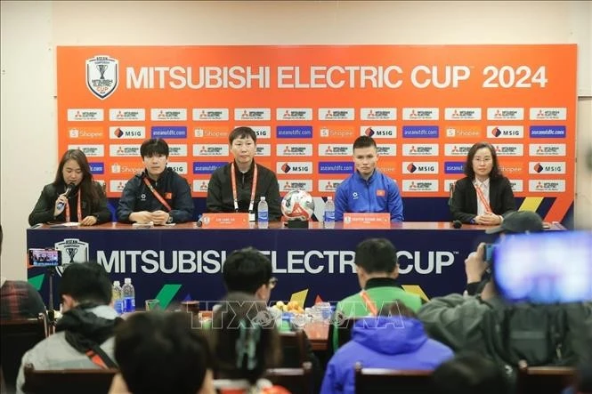 Quang cảnh họp báo sau trận đấu. Ảnh: Minh Quyết/TTXVN