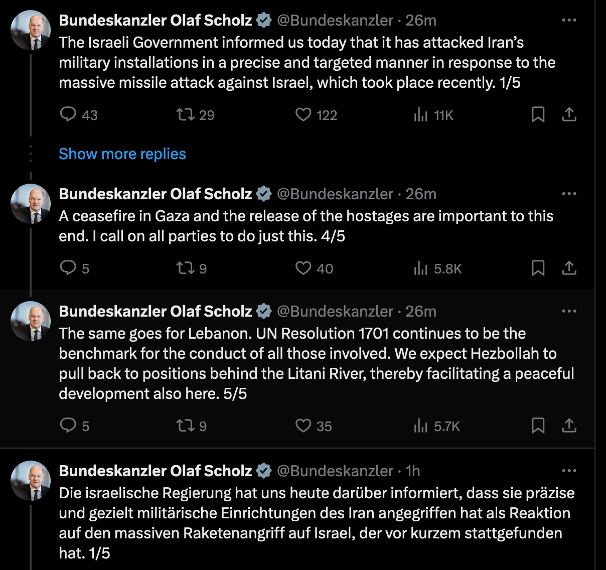 Thủ tướng Đức Olaf Scholz lên tiếng sau cuộc tấn công trả đũa Iran của Lực lượng Phòng vệ Israel (IDF) vào sáng 26/10/2024. Ảnh chụp màn hình: X/Olaf Scholz