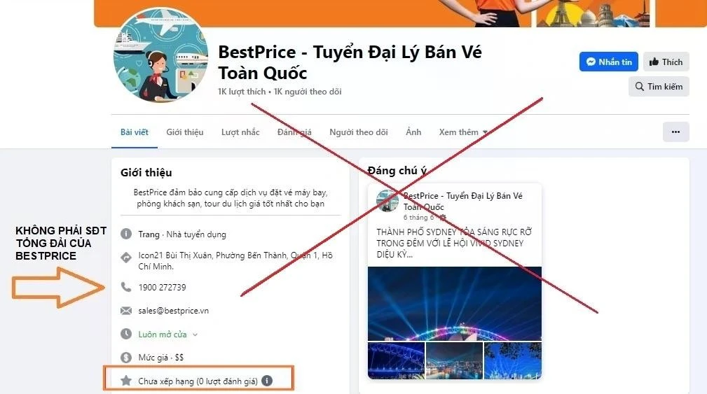 Fanpage bị phát hiện mạo danh một công ty du lịch uy tín tại Hà Nội