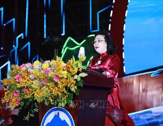 Bà Cao Thị Hòa An, Bí thư Tỉnh ủy, Chủ tịch HĐND tỉnh Phú Yên đọc diễn văn tại lễ kỷ niệm. Ảnh: Xuân Triệu/TTXVN