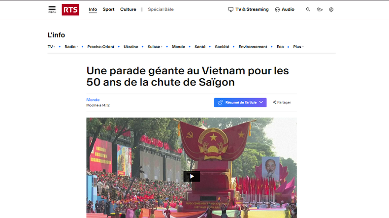 Bài viết đăng trên trang tin của đài truyền hình Thụy Sĩ RTS. Bài viết đăng trên trang tin của đài truyền hình Thụy Sĩ RTS.
