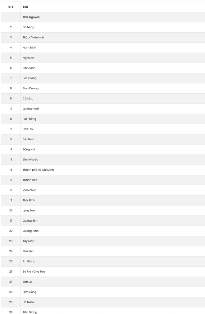 Thái Nguyên, Đà Nẵng, Huế, Nam Định, Nghệ An, Bình Định, Bắc Giang, Bình Dương, Cà Mau, Quảng Ngãi là 10 tỉnh, thành phố có cổng thông tin điện tử được truy cập nhiều nhất.