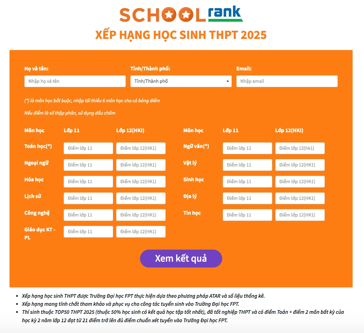 Giao diện của công cụ xếp hạng SchoolRank năm 2025. Ảnh: Chụp màn hình