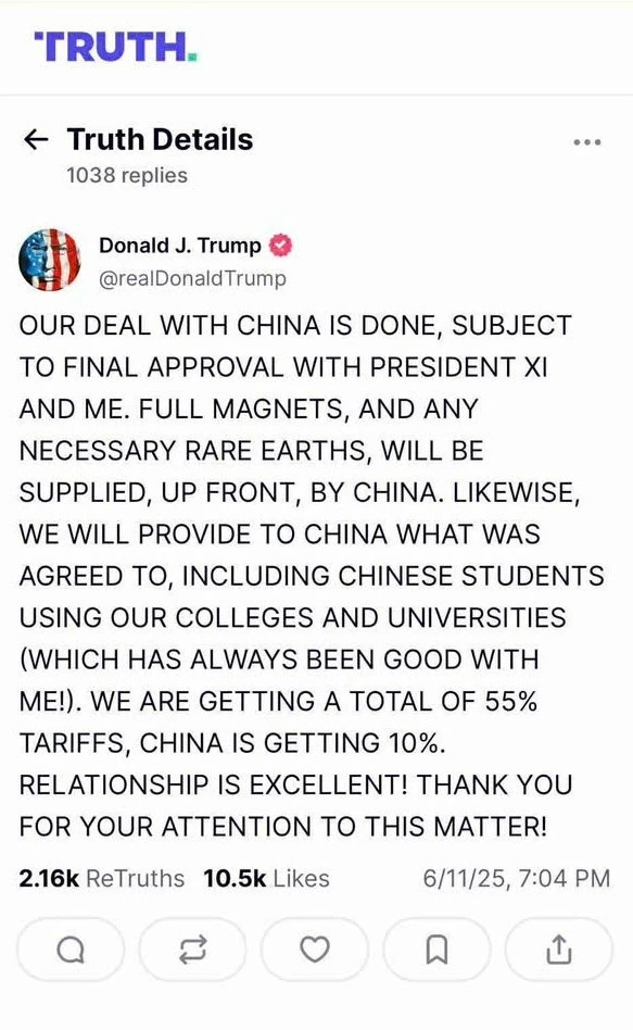 Ảnh chụp màn hình bài đăng của Tổng thống Donald Trump trên mạng xã hội Truth Social.