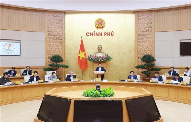 Thủ tướng Phạm Minh Chính chủ trì Phiên họp Chính phủ chuyên đề về xây dựng pháp luật tháng 4/2025. Ảnh: Dương Giang/TTXVN