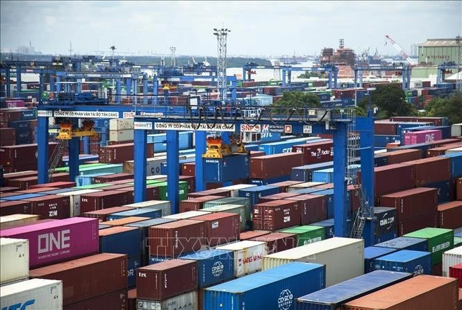 Bốc dỡ hàng hóa xuất nhập khẩu tại kho chứa hàng Tân Cảng Cát Lái. Ảnh: Hồng Đạt/TTXVN