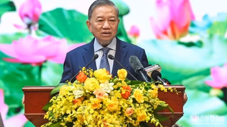 Tổng Bí thư Tô Lâm phát biểu tại buổi gặp mặt. (Ảnh: DUY LINH)