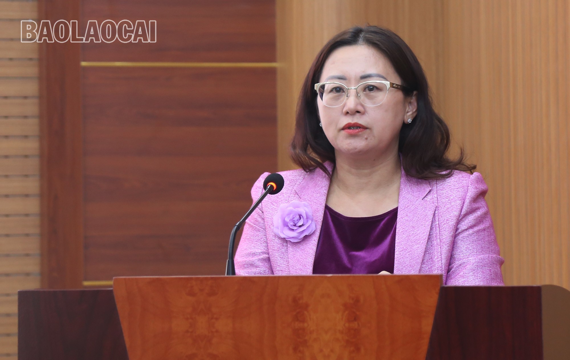 Đồng chí Giàng Thị Dung, Phó Chủ tịch UBND tỉnh phát biểu tại hội nghị. a000.jpg