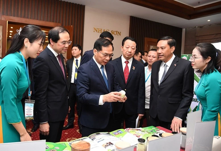 Phó Thủ tướng Bùi Thanh Sơn tham quan gian hàng triển lãm trong khuôn khổ sự kiện "Gặp gỡ 2025: Lào Cai - Trung tâm kết nối giao thương kinh tế giữa Việt Nam và các nước ASEAN với vùng Tây Nam - Trung Quốc: Cơ hội cho các doanh nghiệp và nhà đầu tư".