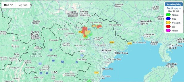 Bản đồ nguy cơ sạt lở ở các tỉnh vùng núi phía Bắc ngày 21-22/3.