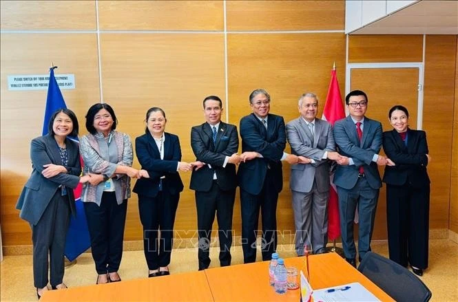 Đại sứ Lê Thái Hoàng (thứ 2 phải sang) chụp ảnh lưu niệm cùng thành viên 8 nước ASEAN.