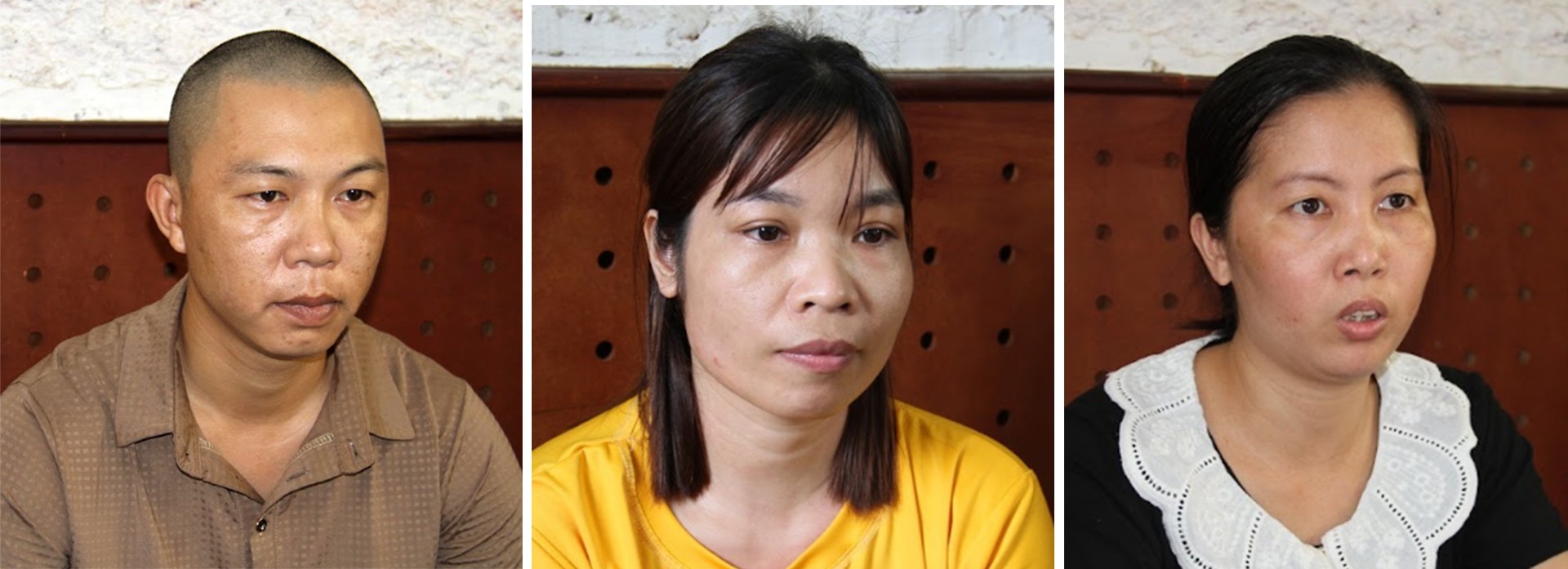 Các đối tượng Lưu Ngọc Huân, Cổ Thị Thứ và Lương Thị Sơn (từ trái qua phải) tại cơ quan điều tra. 13-9-cac-doituong.jpg