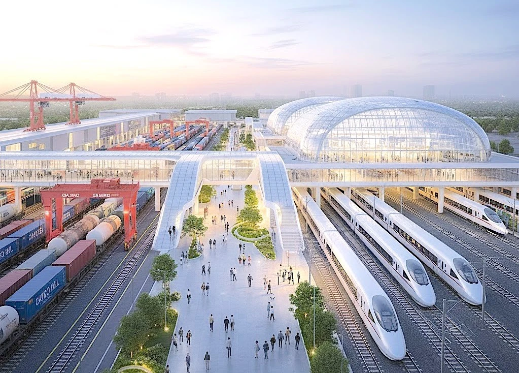 Bộ Xây dựng đang thúc đẩy tiến độ triển khai Dự án đường sắt Lào Cai - Hà Nội - Hải Phòng (Dự án), nhằm khởi công dự án thành phần hạ tầng kết nối ga và quảng trường ga vào ngày 19/12/2025 (Ảnh minh hoạ: AI tạo).