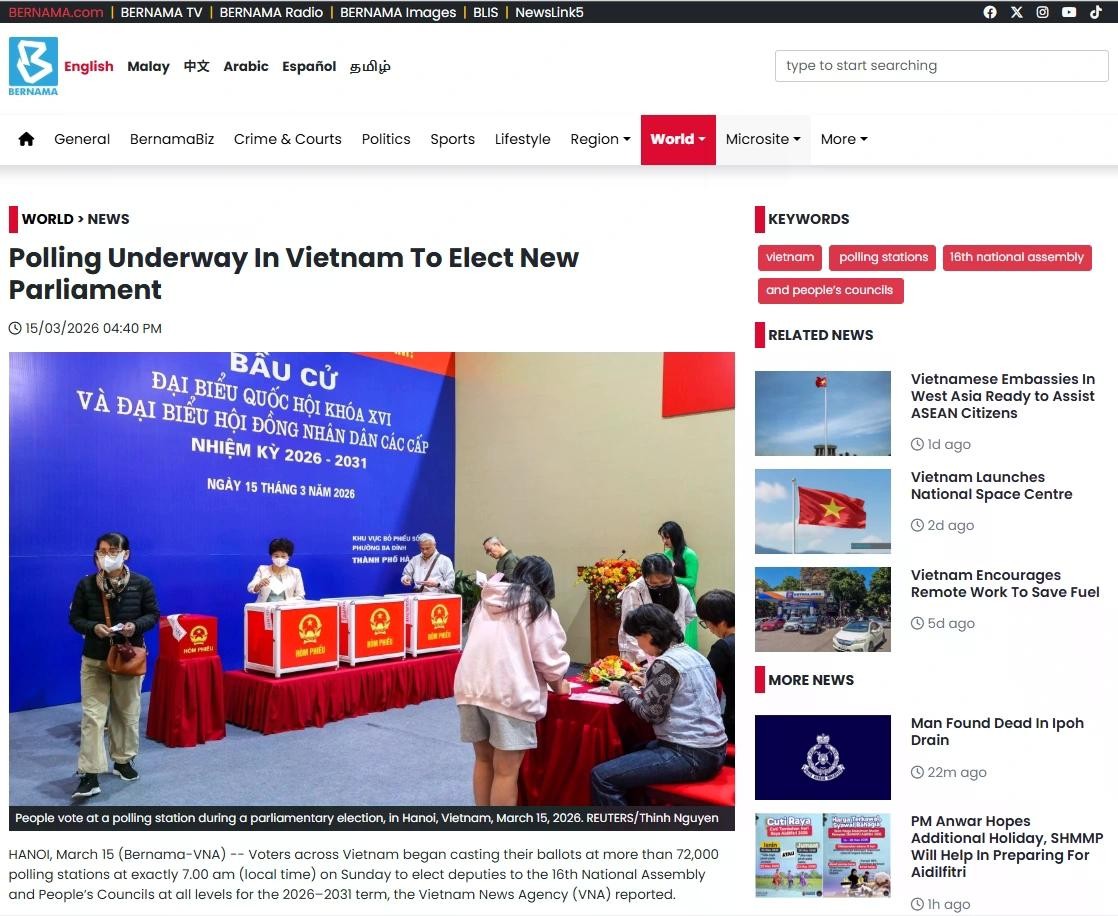 Báo BERNAMA của Malaysia đưa tin về cuộc bầu cử tại Việt Nam