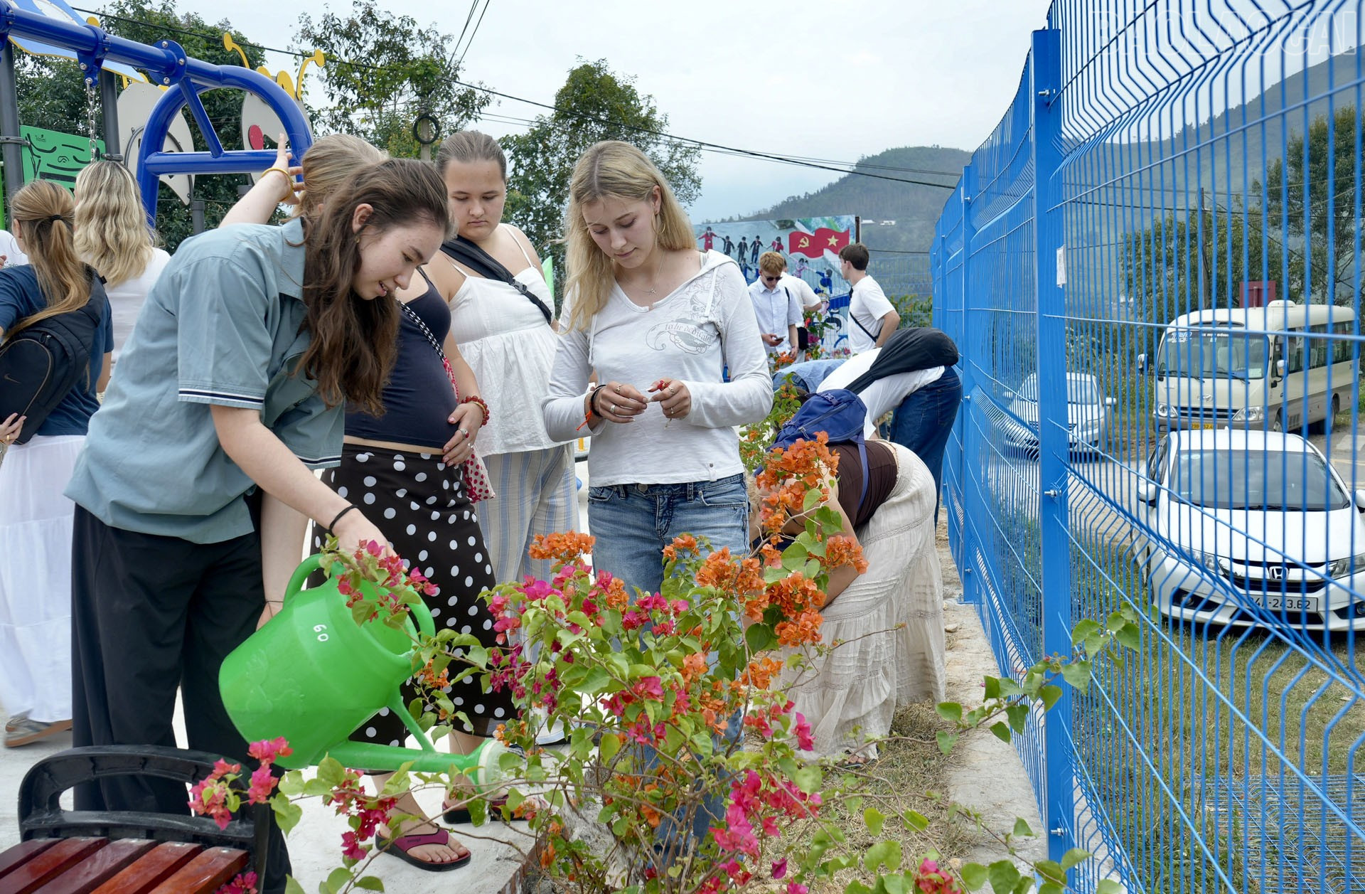 Đoàn học sinh Đan Mạch tham gia trồng cây xanh quanh khu vực sân chơi.