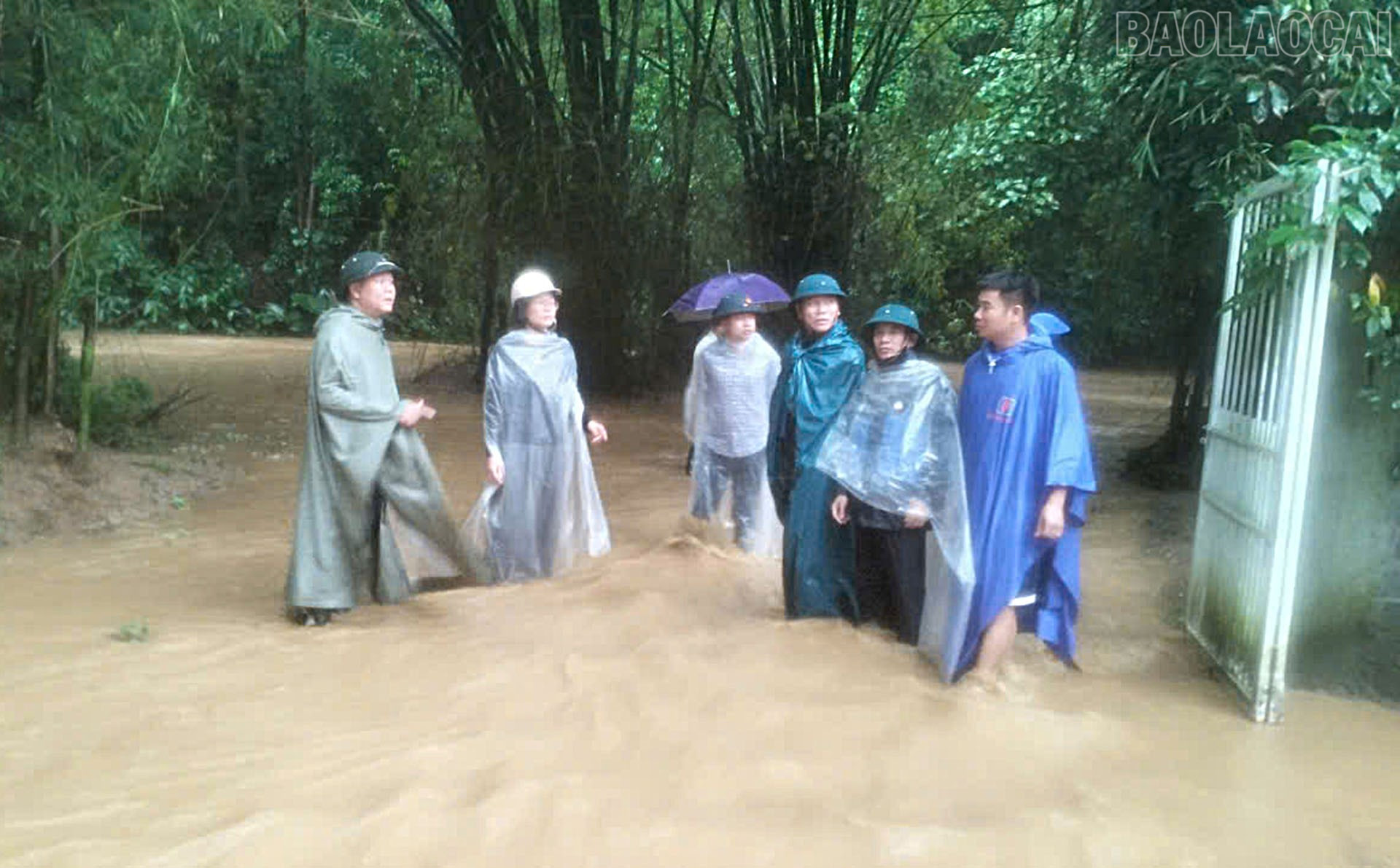 Lãnh đạo phường Cầu Thia đi kiểm tra thực tế các điểm ngập úng và những ngôi nhà có nguy cơ phải di dời khỏi khu vực nguy hiểm. baolaocai-tr_29-9-muomglo2.jpg
