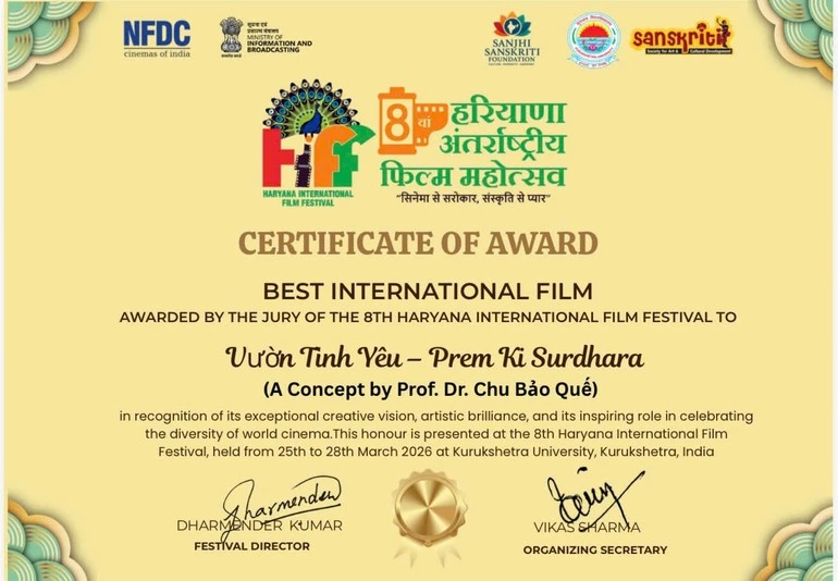 Chứng nhận giải thưởng của phim "Vườn tình yêu".