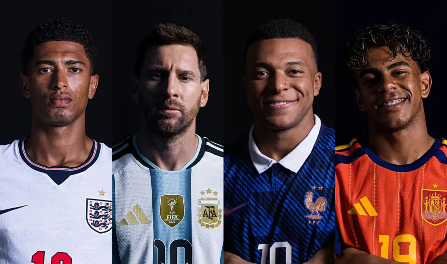 Jude Bellingham, Lionel Messi, Kylian Mbappé và Lamine Yamal là những gương mặt tiêu biểu của bốn đội tuyển mạnh nhất góp mặt ở bán kết World Cup 2026. Ảnh: FIFA