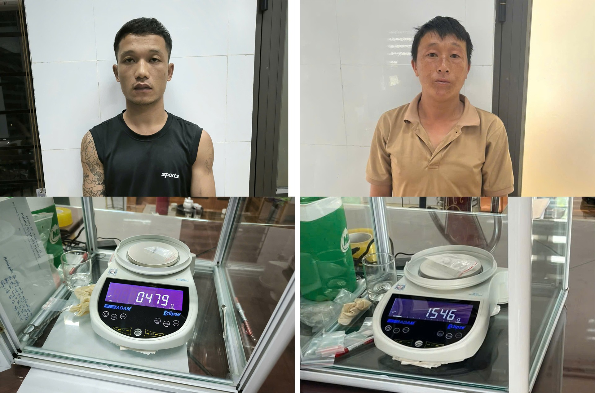 Đoàn Văn Trọng (trái) và Hạng A Tùng cùng tang vật vụ án. 10-8-ma-tuy.jpg