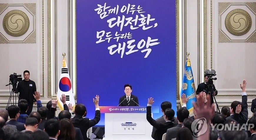 Tổng thống Hàn Quốc Lee Jae Myung chủ trì một cuộc họp báo ở thủ đô Seoul, tháng 1/2026.