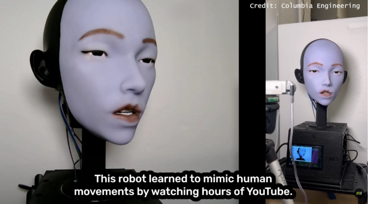 Robot hình người của Đại học Columbia học cách mô phỏng biểu cảm và cử động môi qua video Youtube.
